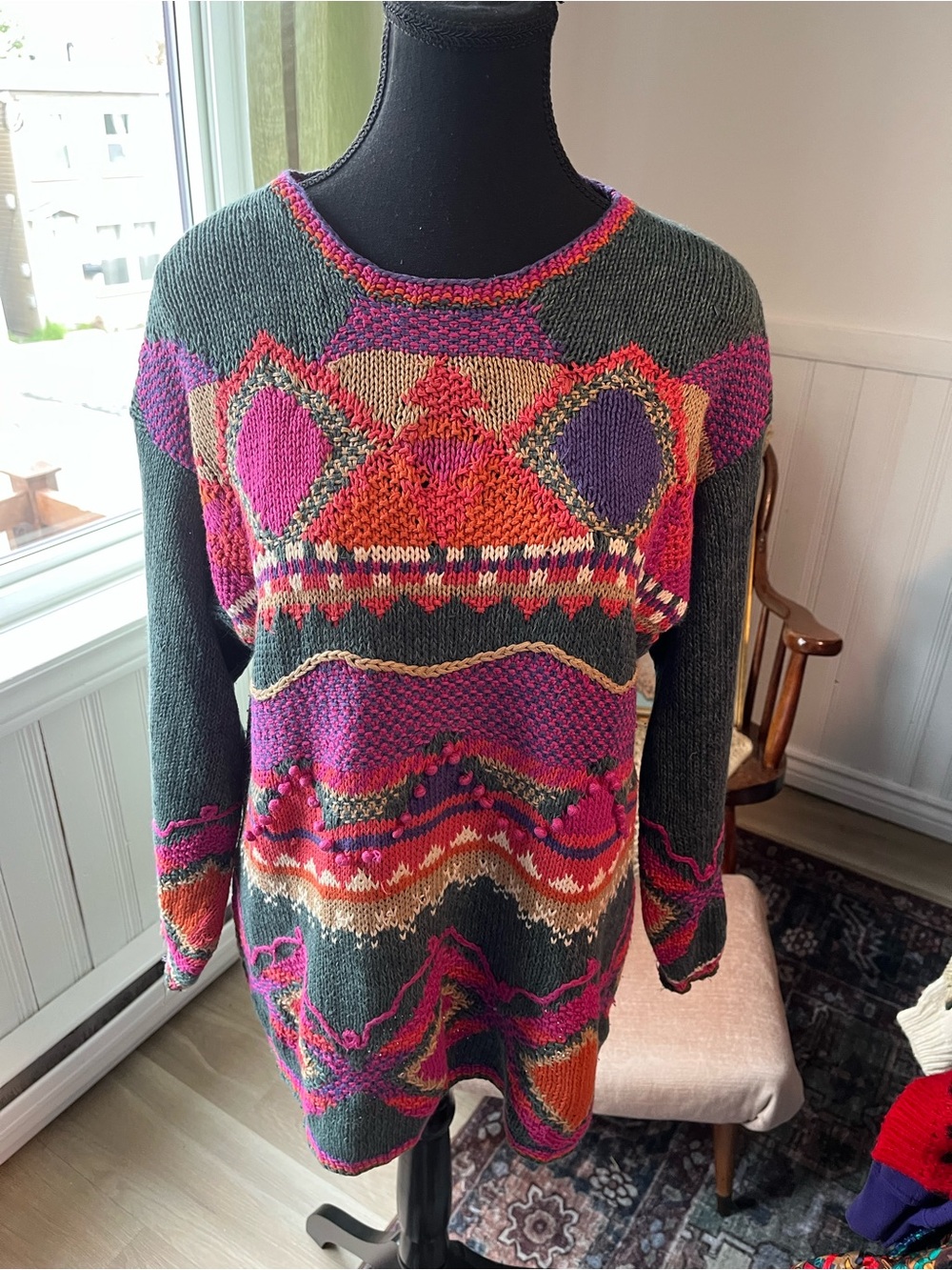 Womens Vintage Knit Multicolor Patterned Crewneck Sweater Size Large Fit